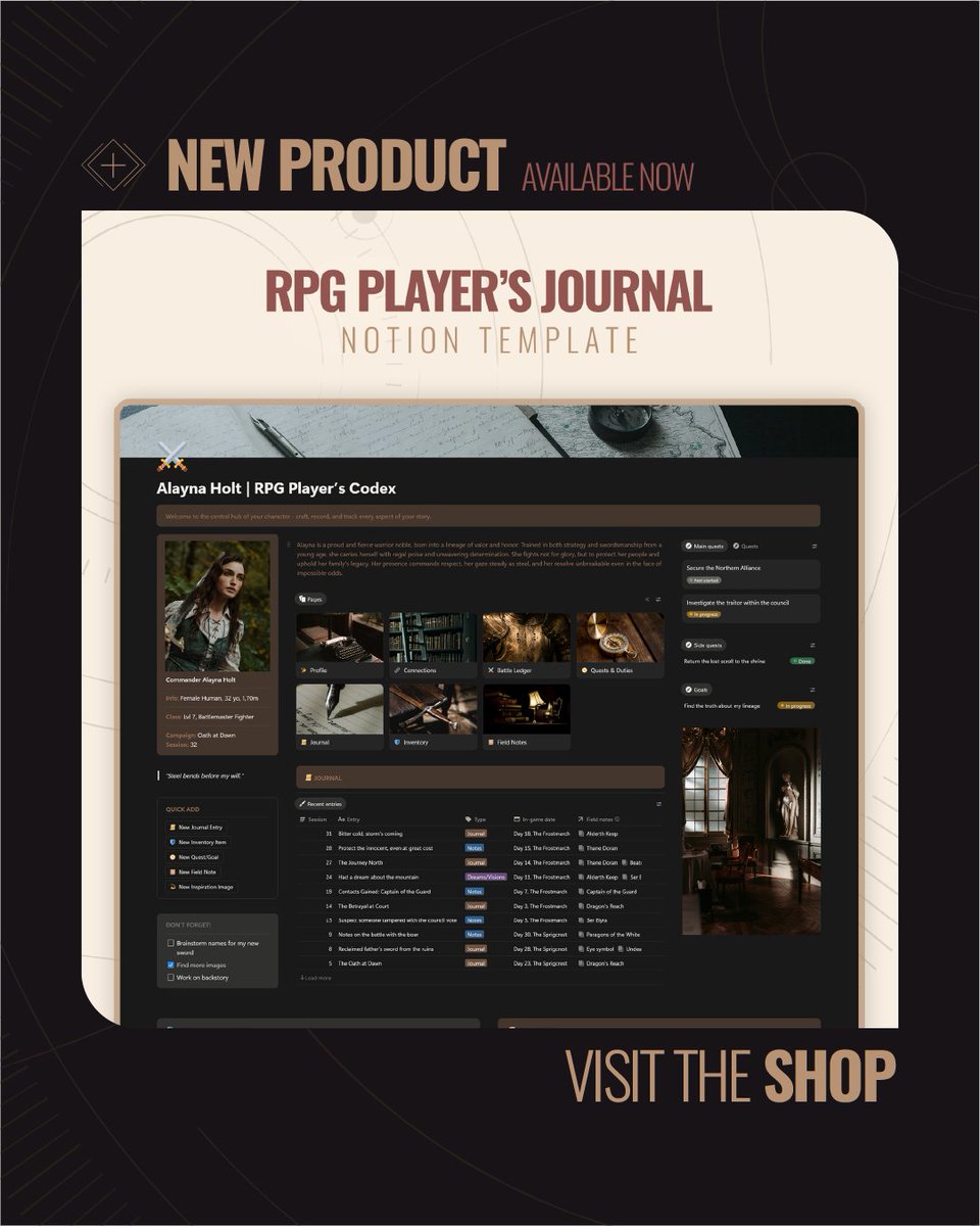 HauntingMachine's tweet image. ✨ Step into your story with an aesthetic, immersive, fully customizable Notion journal template designed to be a character companion for any TTRPG. Available now: etsy.com/shop/HauntingM…

#RPG #ttrpg #notion #etsyseller #etsyfinds #DND #rpgresources #dndtool