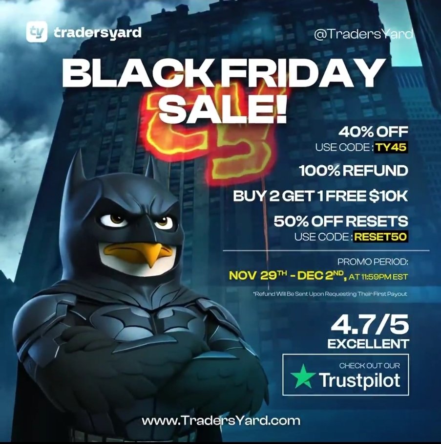 BLACK FRIDAY NEW PROFITS! Kickstart December with <a href="/TradersYard/">TradersYard</a>

⚡️No Style Restrictions

⚡️No maximum or minimum trading days

⚡️Instant payout is disbursed when requested.

⚡️No payout denial 

GET 45%OFF  use the code "TY45." Hurry! The offer ends soon! #trading #propfirm