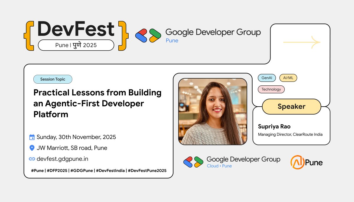 GDGPune's tweet photo. Hello everyone, brace yourselves! We are thrilled to reveal our speaker at #DevFestPune2025 😍 ✨ Supriya Rao ✨
Get ready to be inspired by her insightful and expert advice.⚡
For more details: https://t.co/52DfFqSUXo
#DevFestPune #DFP2025 #GDGPune #Devfest2025 https://t.co/nXQZqdm8bd