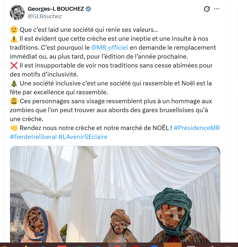 Le #MR en est réduit à racoler du vieux réac. Je propose qu'on mette tout le monde d'accord et qu'on représente Jésus, Marie, Joseph et la clique de manière réaliste. Juste pour le plaisir de voir Georges-Louis traiter cette bande de basanés de woke.