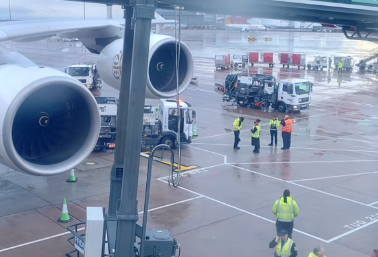 aviationbrk's tweet photo. Emirates A380 grounded at Manchester Airport after being struck by a fuel truck while parked at the gate.

The incident on Friday damaged one of the aircraft's engine intakes. The return flight EK18 to Dubai was subsequently cancelled. https://t.co/kDSVy623tY