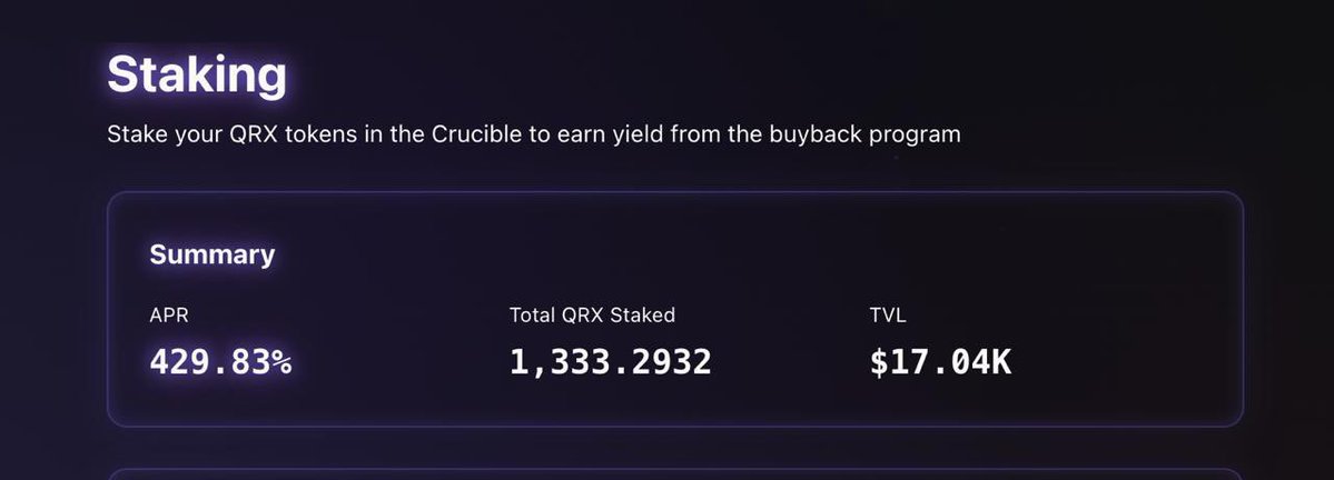 QuarxMon's tweet image. 𝕾𝖕𝖆𝖈𝖎𝖆𝖑 𝖋𝖑𝖚𝖝 𝖆𝖈𝖙𝖎𝖛𝖊…

$QRX staking is earning 430% APR

Nearly 30% of all tokens staked in the Crucible!