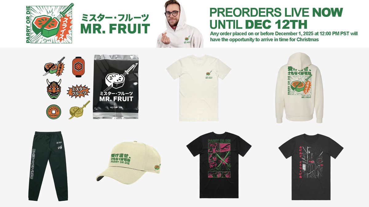 MrFruitYT's tweet photo. ⚔️ 𝐏𝐀𝐑𝐑𝐘 𝐨𝐫 𝐃𝐈𝐄 ⚔️
The brand new Mr. Fruit merch collection is now available! **Available for preorder until December 12th**
3 Shirts | 1 Hoodie | 1 Hat | 1 Jogger + for the 1st time ever Mystery Pins! (with rare golden chase pin)
https://t.co/Bhb083gFaQ https://t.co/wjWiJjEvCJ