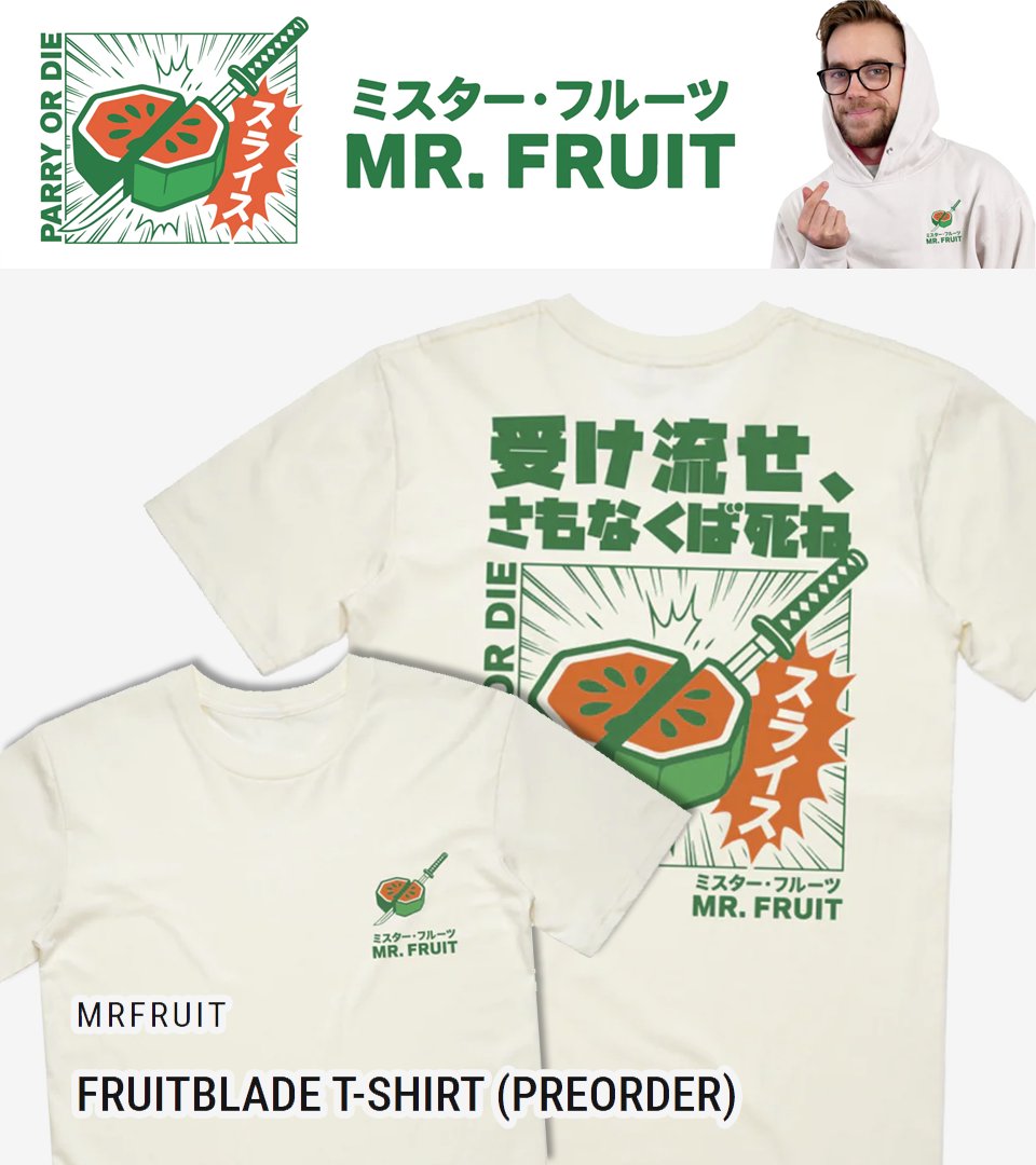 MrFruitYT's tweet photo. ⚔️ 𝐏𝐀𝐑𝐑𝐘 𝐨𝐫 𝐃𝐈𝐄 ⚔️
The brand new Mr. Fruit merch collection is now available! **Available for preorder until December 12th**
3 Shirts | 1 Hoodie | 1 Hat | 1 Jogger + for the 1st time ever Mystery Pins! (with rare golden chase pin)
https://t.co/Bhb083gFaQ https://t.co/wjWiJjEvCJ