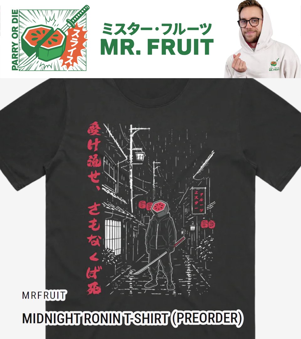 MrFruitYT's tweet photo. ⚔️ 𝐏𝐀𝐑𝐑𝐘 𝐨𝐫 𝐃𝐈𝐄 ⚔️
The brand new Mr. Fruit merch collection is now available! **Available for preorder until December 12th**
3 Shirts | 1 Hoodie | 1 Hat | 1 Jogger + for the 1st time ever Mystery Pins! (with rare golden chase pin)
https://t.co/Bhb083gFaQ https://t.co/wjWiJjEvCJ