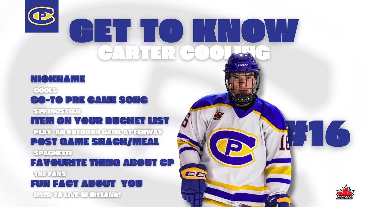 CPCANADIANS's tweet image. GET TO KNOW YOUR CANADIANS!

Meet Carter Cooling, an ‘07 F from Quispamsis, NB, CAN, who is in year one of his @thecchl career.

🔵🟡🔵
#CPC