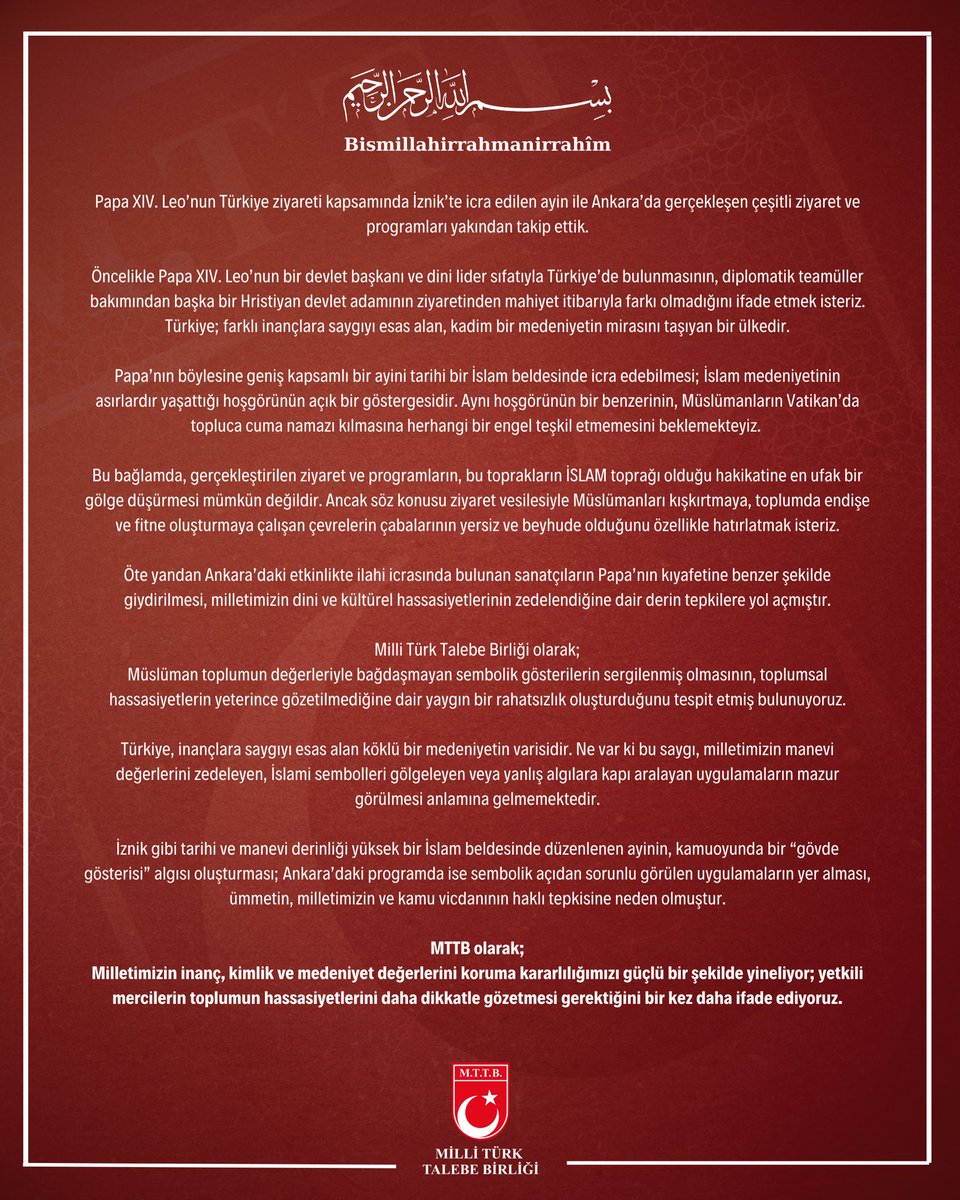 Papa XIV. Leo’nun Türkiye Ziyaretine Dair Kamuoyu Açıklaması !!!

#MTTBmüslümancaduruştur