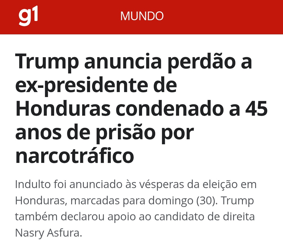 EsquerdaLibre's tweet image. Ao mesmo tempo em que acusa Maduro de ser líder de uma organização criminosa e ameaça atacar a VENEZUELA, para &quot;combater o narcotráfico&quot;, TRUMP, concede perdão ao ex-presidente de Honduras, condenado a 45 anos de prisão por... NARCOTRÁFICO 🤷‍♂️