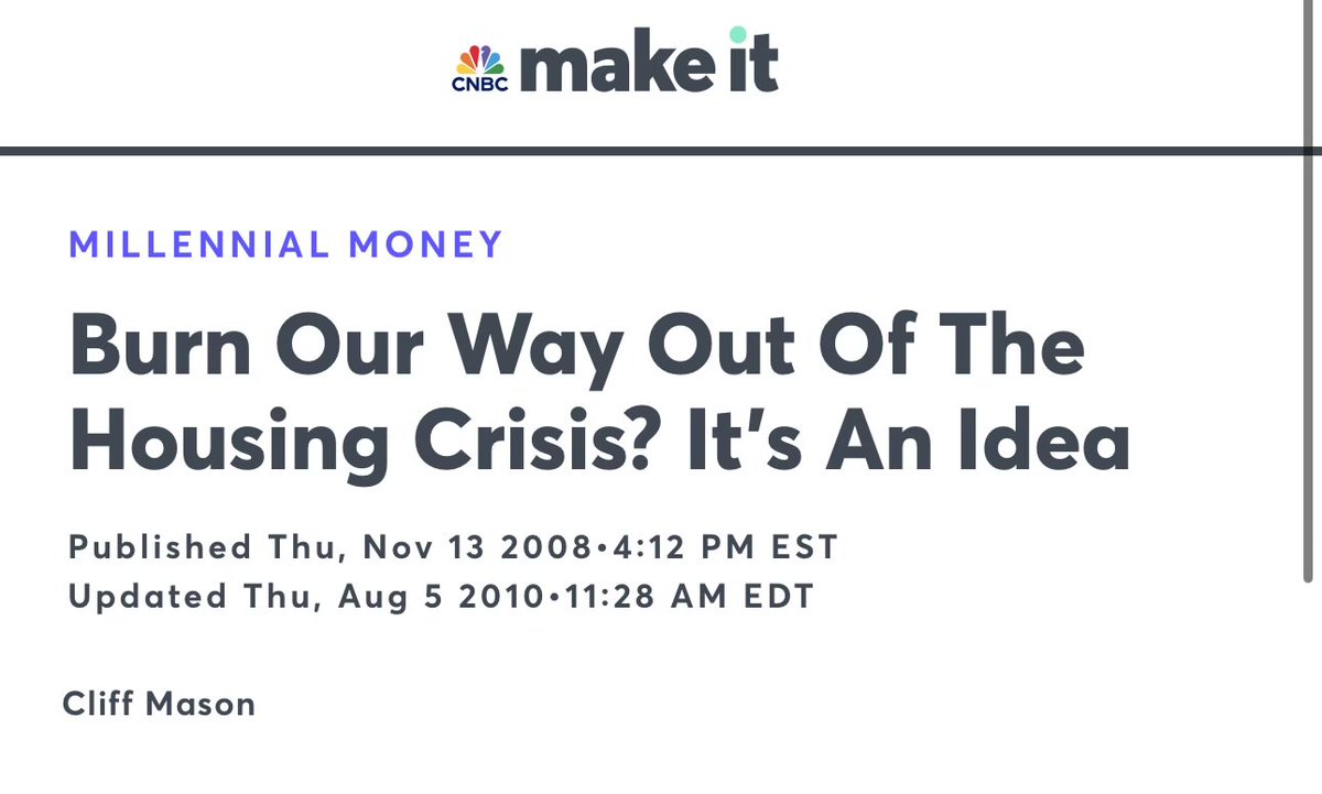 1d34h4z4rd's tweet image. The housing market was so bad in 2008 that the mainstream media was talking about burning down unoccupied homes to create a supply squeeze.