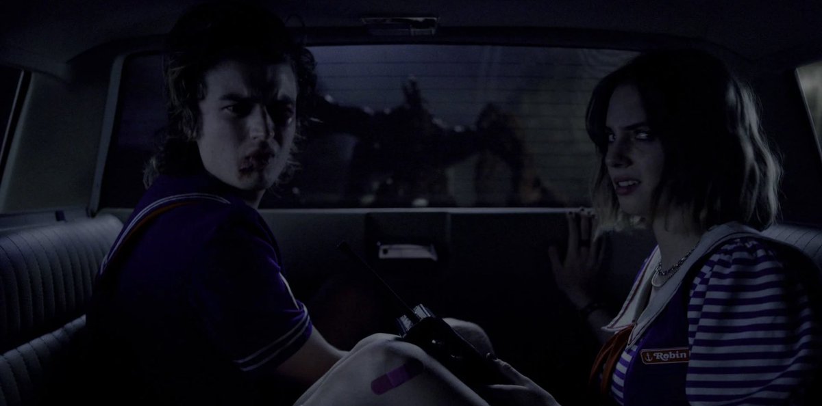 girlwreckage's tweet image. fresh out of torture and this 14 year old is singing a duet with his girlfriend (who you thought 2 minutes ago was fake) all while a gigantic monster made of melted people is chasing you. really steve and robin&apos;s worst day. like they genuinely cant believe that shit.