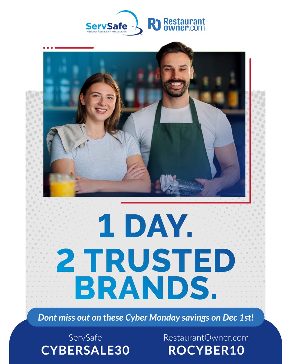 WeRRestaurants's tweet image. Your Cyber Monday checklist:  

✅ Mark your calendars  

✅ Save up to 30% on @ServSafe  

✅ Save 10% on annual @RestaurantOwner subscriptions  

Don’t miss these savings! #CyberMonday #RestaurantManagement