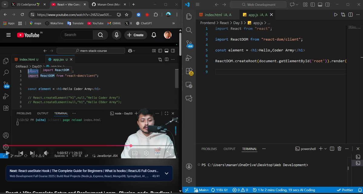MananCodes123's tweet image. 🚀Day 58  #CoderArmy 
Dived deeper into the React ecosystem today!
Learned versioning vibes major.minor.patch + the ^ caret magic 🔧
Got clarity on package.json vs package.lock.json, type: module, and why .jsx is a must for JSX 🚀
Leveling up one commit at a time 💻🔥
#ReactJS