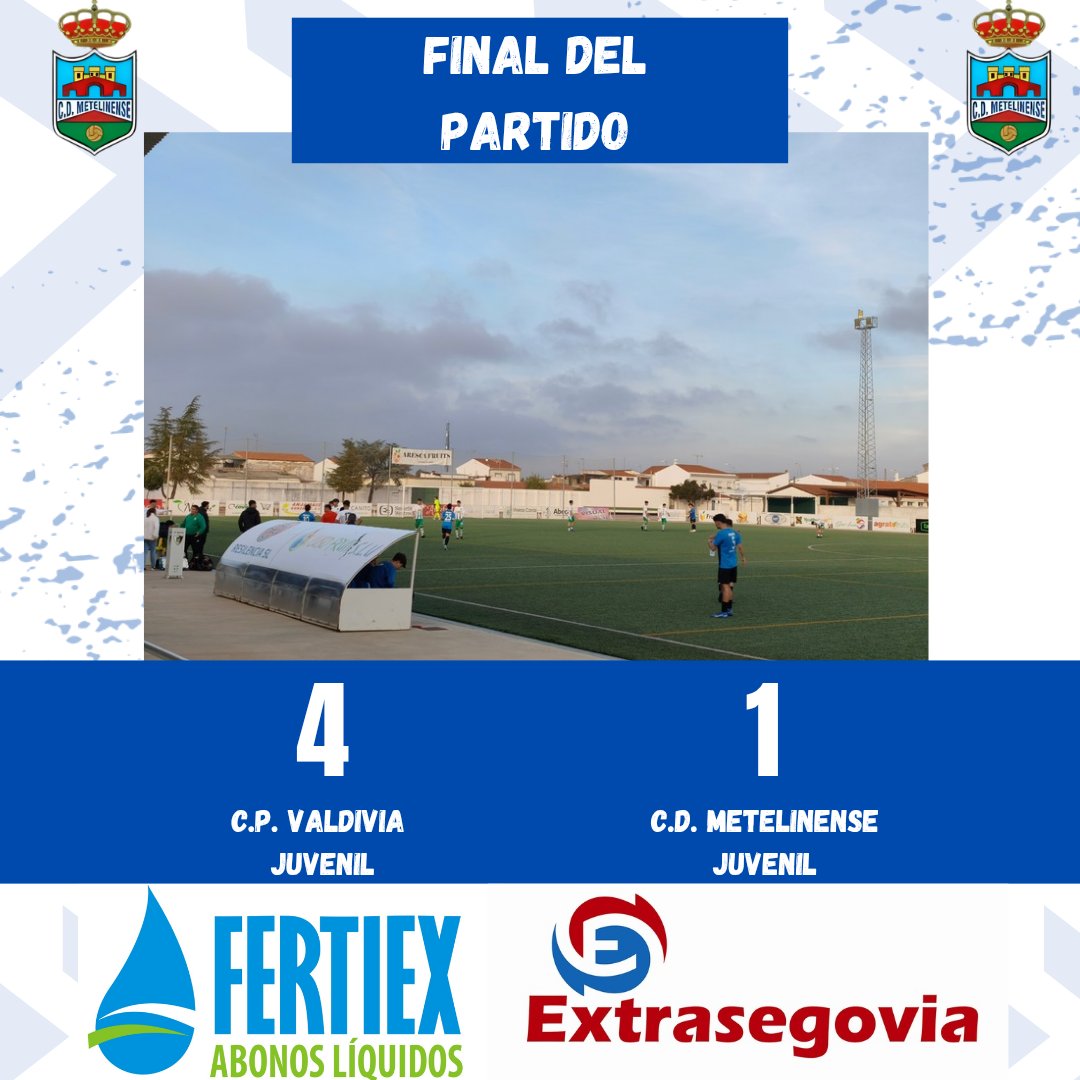 🔵 FINAL JUVENIL 🔵 

C.P. Valdivia 4-1 C.D. Metelinense 

Derrota en un partido condicionado por quedarnos con 1 menos en el minuto 14. El equipo peleó y supo competir a pesar de la inferioridad numérica y las lesiones. 

💪💙 A seguir trabajando, VAMOS AZULES! 

⚽ Gol de Manu.