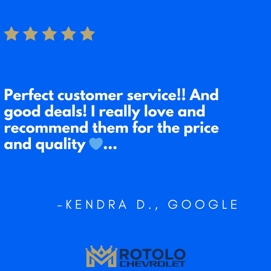RotoloChevyCa's tweet image. Kendra, thank you so much for your wonderful review! We're thrilled to hear that you appreciated our customer service and found great deals at Rotolo Chevrolet. Your recommendation means a lot, and we look forward to serving you again in the future! 💙