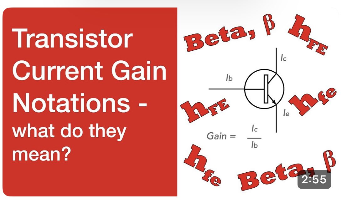 ElecNotes's tweet image. Understanding Transistor Gain: hFE, hfe &amp;amp; Beta, β - what’s the difference between them?

Current gain is one of the important electronic circuit design specifications for a bipolar transistor – three figures are often seen: Beta β, hFE &amp;amp; hfe, each of which is slightly different.…