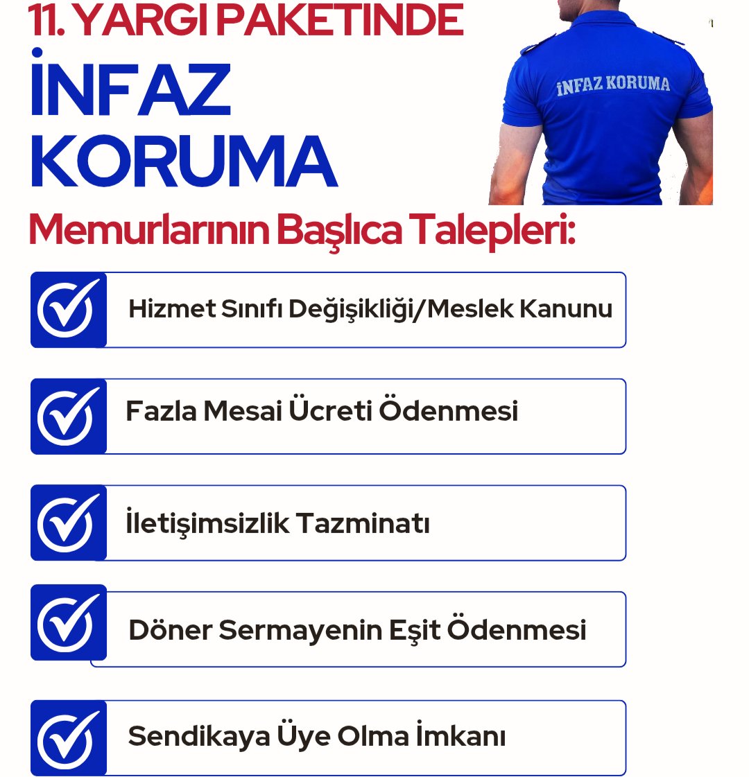 Söz verildi, bekliyoruz: #İnfazKorumaYargıPaketine

✅ İşimizin zorluğu ve stresinin karşılığı olan bir #maaş
✅ Çalışma barışının sağlanması için eşit ödeme
✅ Fazla işe fazla ödeme
✅ Meslek Kanunu ile bize ait hizmet sınıfı 

Yargı Paketinde cezaevi personelleri unutulmasın.