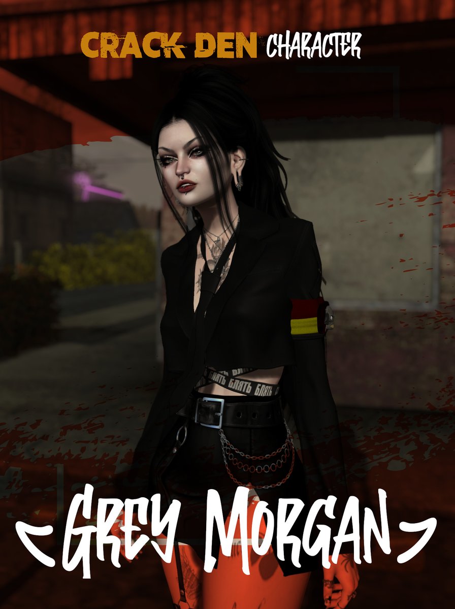 CrackDen's tweet image. A sharp-edged force in Hathian’s alleys, Grey is the vocalist of Witchouse. Raw-voiced, violent, and always smoking, she works out of Rader Records and runs with the Rejects. Shaped by survival, she leaves marks wherever she goes.

#SecondLife #TheCrackDen #Roleplay #Metaverse