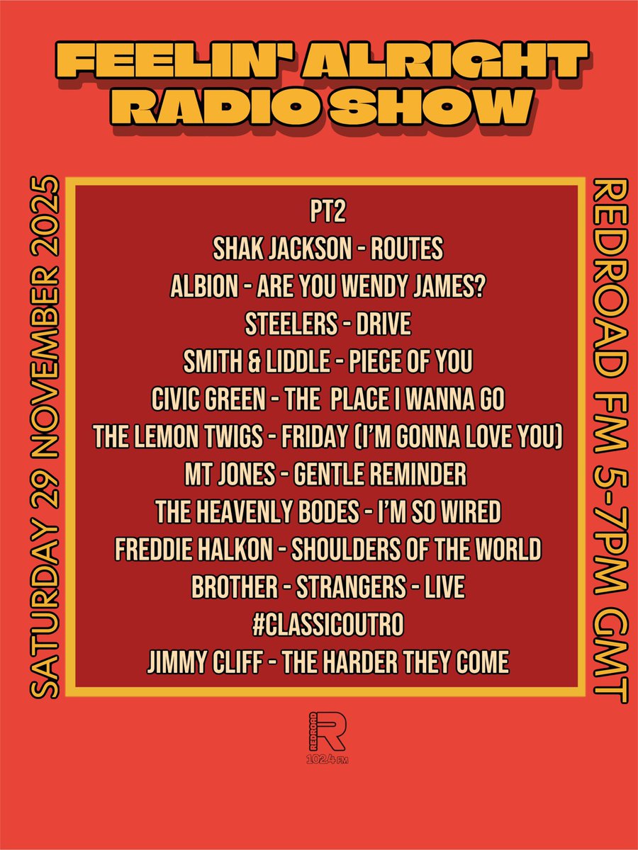 FeelinPromo's tweet photo. NOW on today’s #feelinalrightradioshow @RedroadFM 5-7pm GMT Pt2 @ShakJacksonUK @youandalbion Steelers, Smith &amp; Liddle @civic_green
@thelemontwigs @mtjonesmusic 
The Heavenly Bodes @FreddieHalkon 
@BROTHER202023 #classicoutro
@jimmycliff #newmusic #locallist #emergingartists https://t.co/wlIlfJnZgE