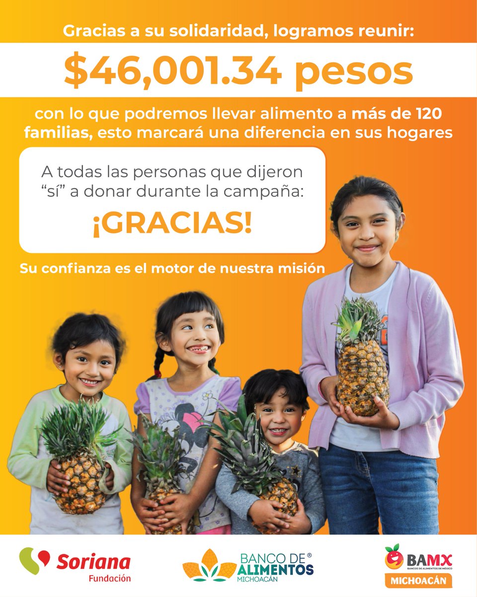 Gracias por cada “sí” que diste en caja <a href="/OrgSoriana/">Organización Soriana</a> 💛🧡

Cada aportación, grande o pequeña, se unió para lograr algo enorme: recaudar $46,001.34 pesos, con lo que podremos llevar alimento y esperanza a más de 120 familias en Michoacán✨

Gracias por confiar en nosotros.