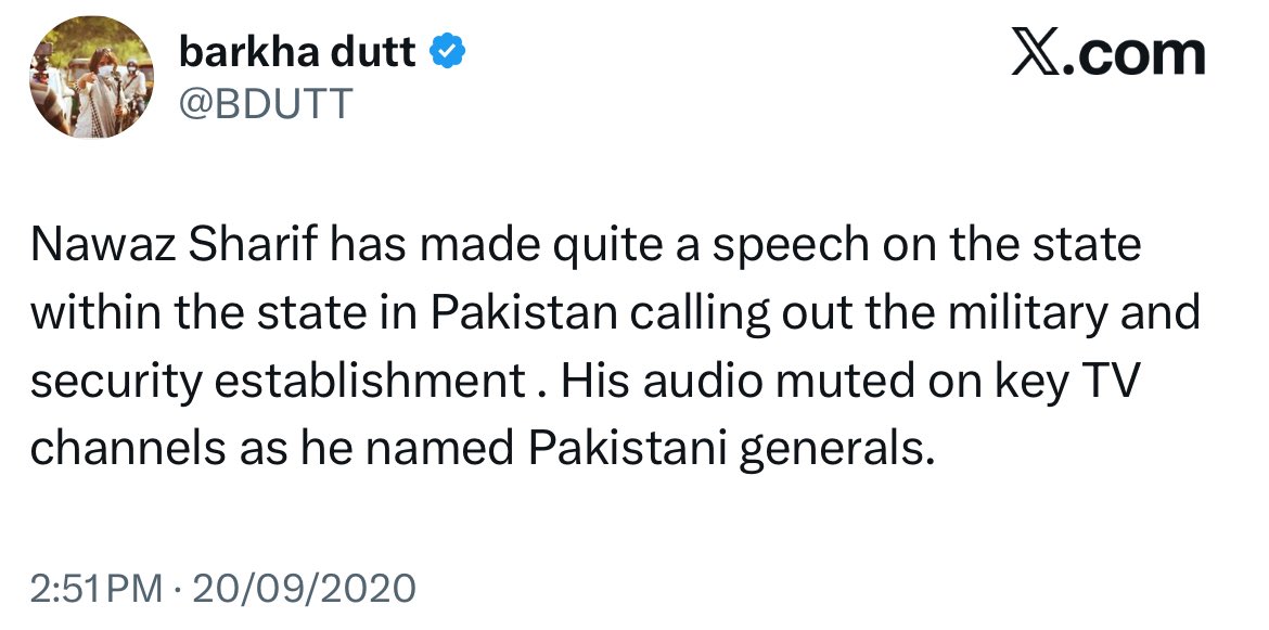 Indian journalist Barkha Dutt’s 2020 tweet praising Nawaz Sharif’s speech.