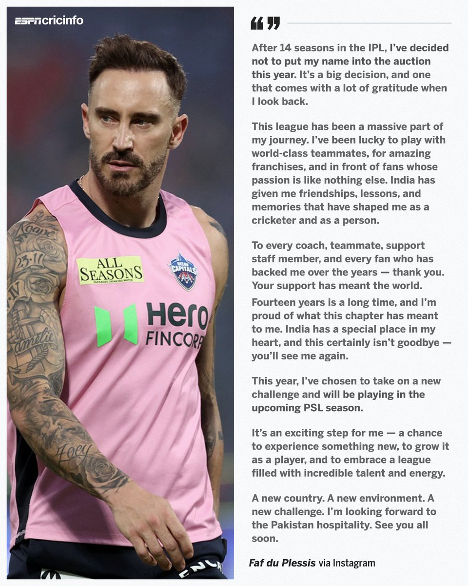 cricinfo's tweet photo. Faf du Plessis' statement as he withdrew from the IPL 2026 auction ✍️ https://t.co/w3IP2GlUmd