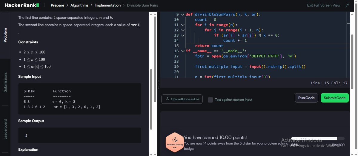 MRout75802's tweet image. Day 69/100 ✅
💡 Challenge: Divisible Sum Pairs
🔹 Found all valid (i, j) pairs with sum divisible by k
🔹 Practiced optimized remainder-based counting
🔹 Improved time complexity from O(n²) to O(n)
#Python #100DaysOfCode #HackerRank #ProblemSolving #zigbee
