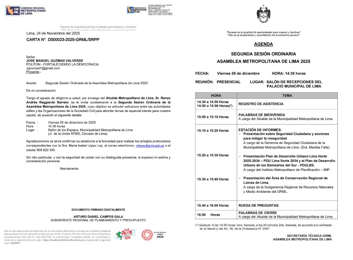 #AML | La Municipalidad de Lima convocó a la 2° Sesión Ordinaria de la Asamblea Metropolitana de Lima donde participaré como representante de la organización juvenil Politon - Fortaleciendo la democracia.