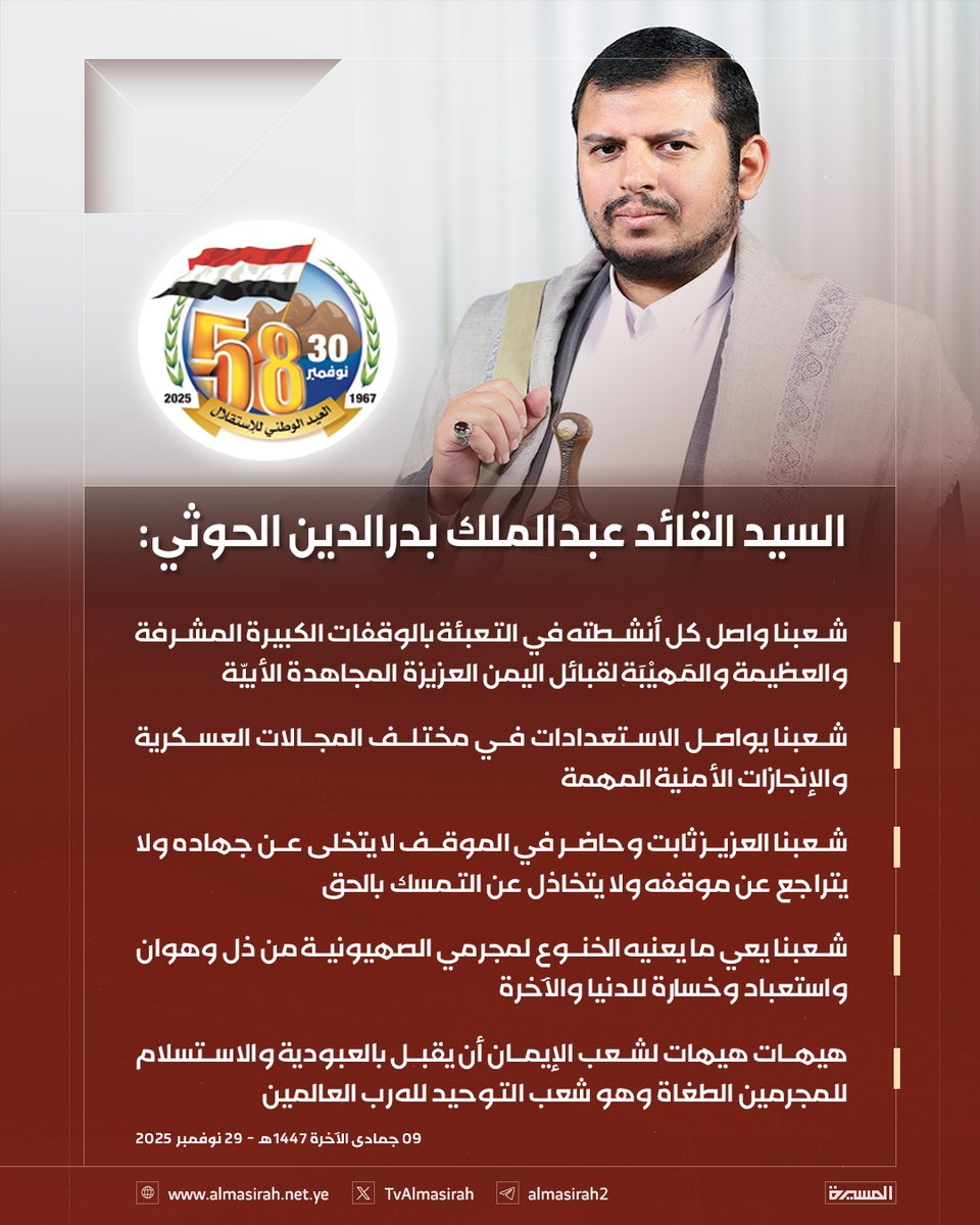 🟥 السيد القائد عبدالملك بدرالدين الحوثي: 

♦️ إن شعبنا العزيز ومعه كل مؤسساته الرسمية وقواته المسلحة حظي بشرف الموقف العظيم الخالد في نصرة الشعب الفلسطيني المظلوم
♦️ شعبنا تصدّر بموقفه الساحة العالمية بثباته ومواجهته للعدوان الأمريكي والبريطاني والإسرائيلي
♦️ اهتمام شعبنا