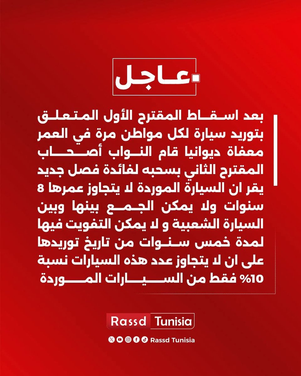 🔴 #عاجل بعد اســقـــاط المقترح الأول المـتـعـلــق بتوريد سيارة لكل مواطن مرة في العمر معفاة ديوانيا قام النـــواب أصحاب المقترح الثاني بسحبه لفائدة فصل جديد يقر ان السيارة الموردة لا يتجاوز عمرها 8 سنوات ولا يمكن الجمع بينها وبين السيارة الشعبية و لا يمكن التفويت فيها لمدة خمس