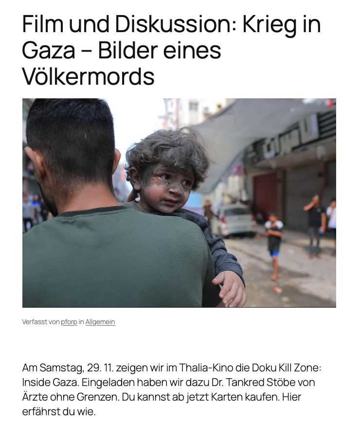 Der Brandenburger "Antisemitismusbeauftragte" versteht es als seine Aufgabe Veranstaltungen zu verhindern, in denen es um Israels Vernichtungskrieg in Gaza geht. Bei der Veranstaltung von Potsdam für Palästina sollte der Film "Kill Zone: Inside Gaza" gezeigt werden..