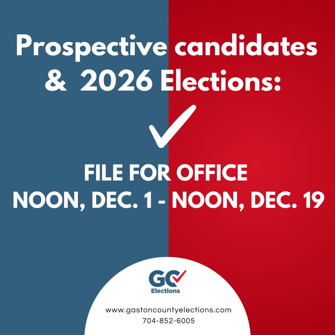 Candidate filing for partisan races on the 2026 ballot
begins Monday. Stop by our office during regular business hours to file or pick up your packet. Deadline to file is noon, Dec. 19. Check our website for details ➡ gastoncountyelections.com ⬅