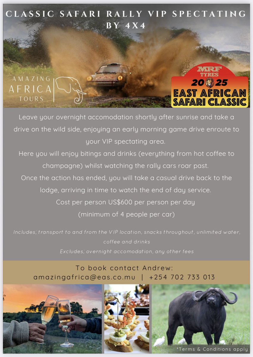 EastAfricanSC's tweet photo. Looking to level-up your Safari Classic experience? Look no further! 

Our VIP packages are specially curated to help you get the most out of your East African Safari Classic Rally adventure 🤩 
Get in contact now via email or phone https://t.co/tKUDsuzVLH