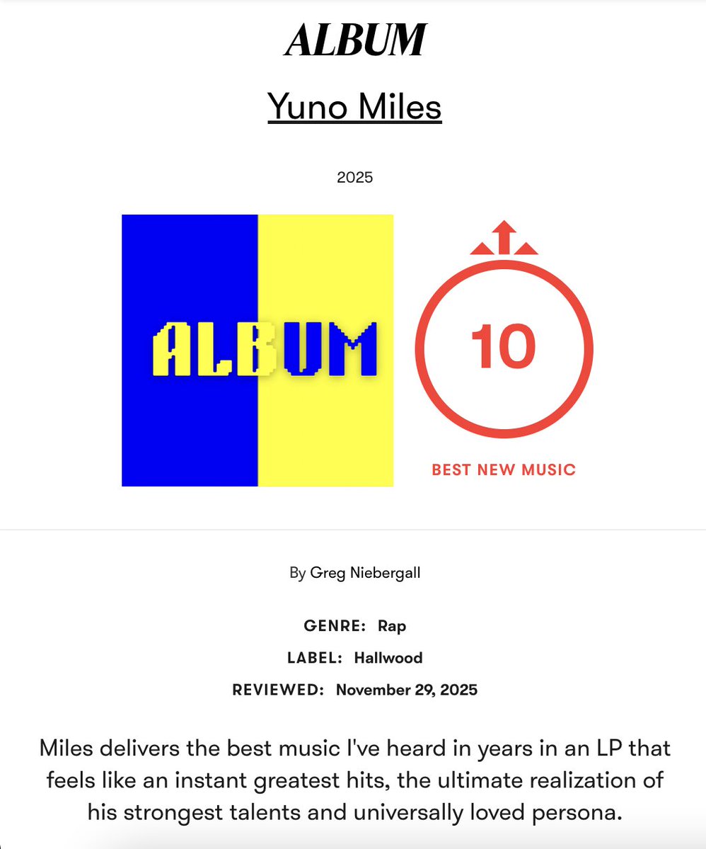 DailyNoud's tweet image. Pitchfork rates Yuno Miles’ new album ‘ALBUM’ a 10/10 👏🔥