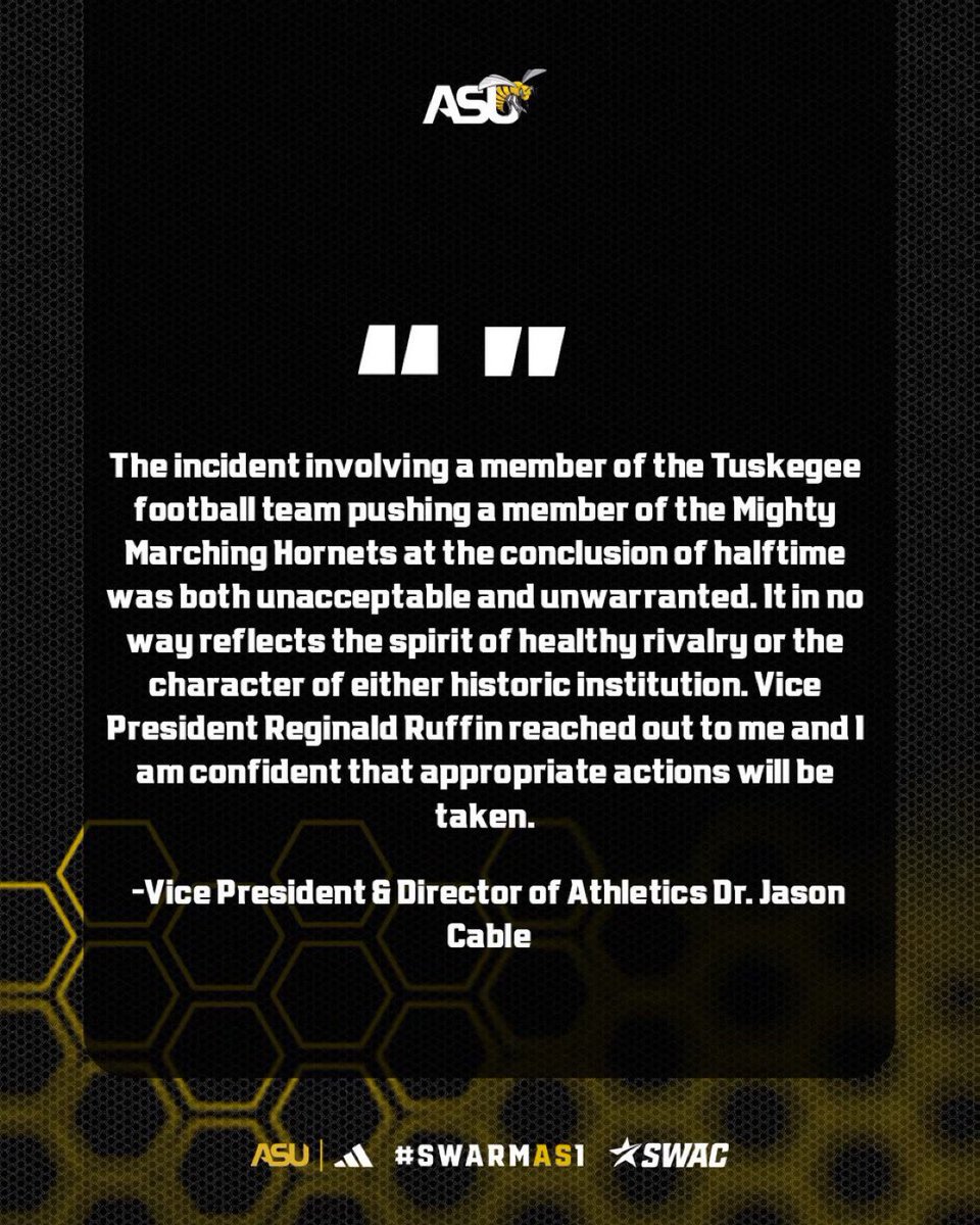 BamaStateSports's tweet image. ASU Athletics stands firmly for respect, integrity, and sportsmanship. Vice President &amp;amp; Director of Athletics Dr. Jason Cable addresses Thursdays incident and reaffirms our commitment to upholding the highest standards on and off the field.

#SWARMAS1