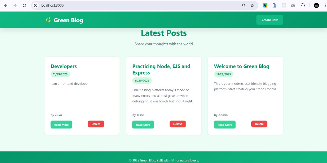 Dev_JesseMaduka's tweet image. Day 58 of #100DaysOfCode 🚀

Built my first full Blog Web App using Node.js, Express &amp;amp; EJS!
Users can create, view, edit &amp;amp; delete posts.
Had lots of errors on the way but debugging made everything worth it.

Backend is getting more exciting 🔥
#JavaScript #NodeJS #WebDev #Backend