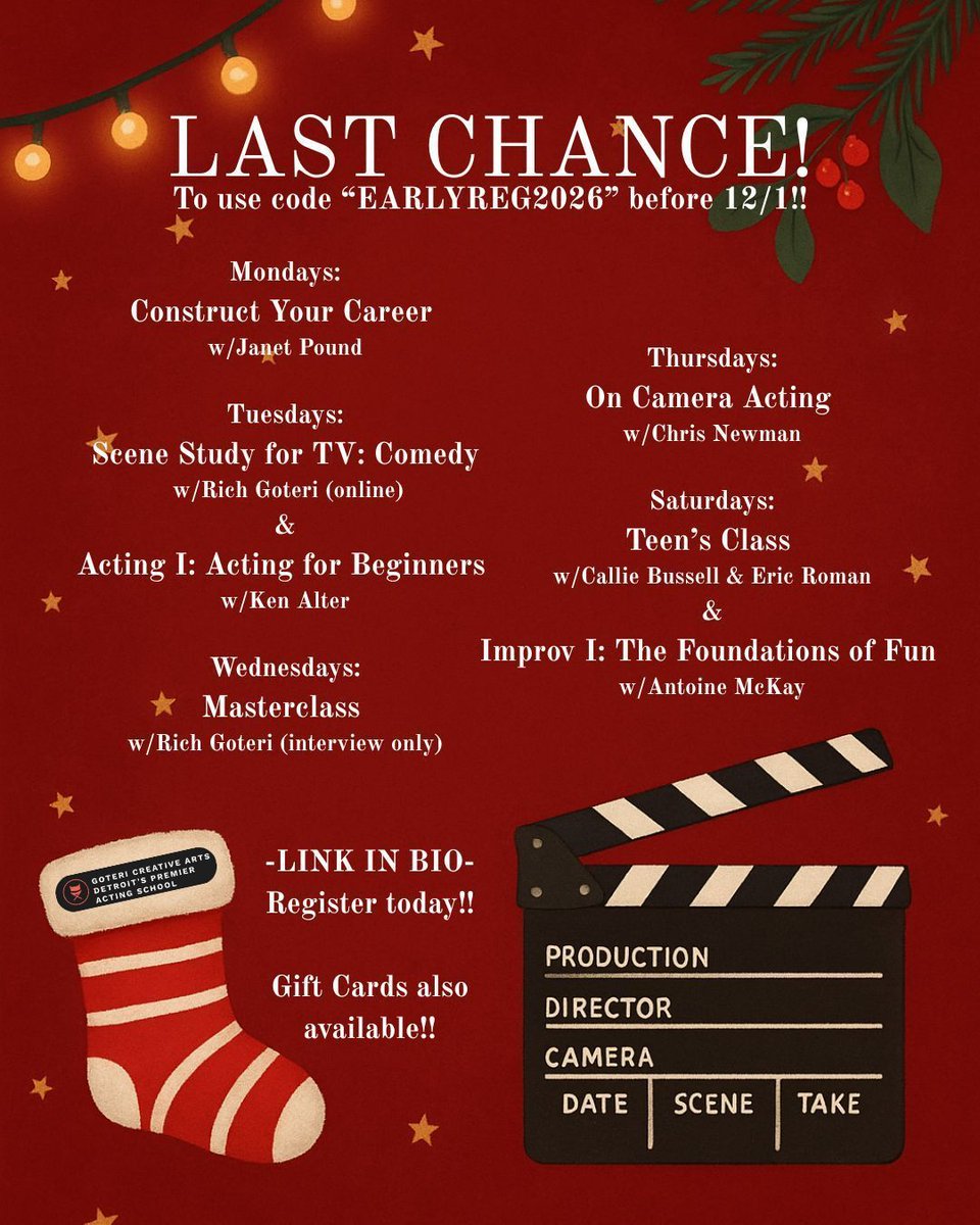 Richgoteri's tweet image. Early Registration discount of 10% off expires 12/1 !!  Schedule a class or private coaching session today!  Makes a great holiday gift!  Link in Bio!
#actor #actorslife #actingclass #actingcoach #theater #film #commercials #holidaysale #flashsale #audition #michiganactors