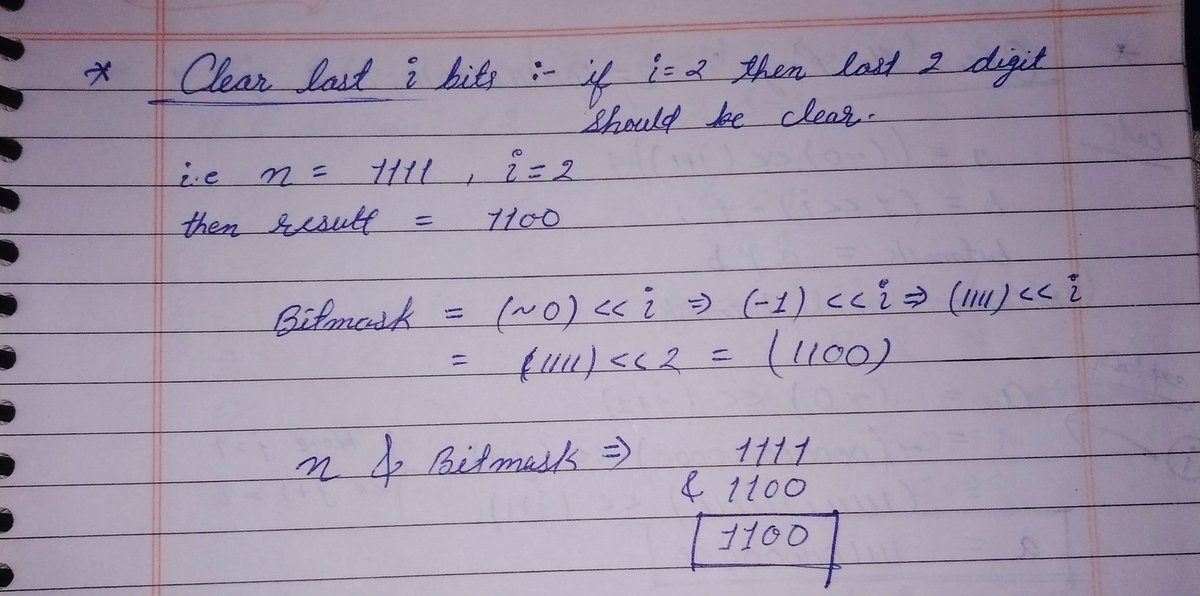 amanhaidry's tweet image. 🗓️Day-129/365 | #365DaysOfCode 💻| @geeksforgeeks

#BitManipulation in #DSA
✅Clear Last i Bits
✅Clear Range of Bits
✅No is power of 2 or not
✅Count set bits (1)

#nationskillup #365DaysOfDSA #geeksforgeeks #gfg #365DaysOfcoding #java #DataStructuresAndAlgorithms