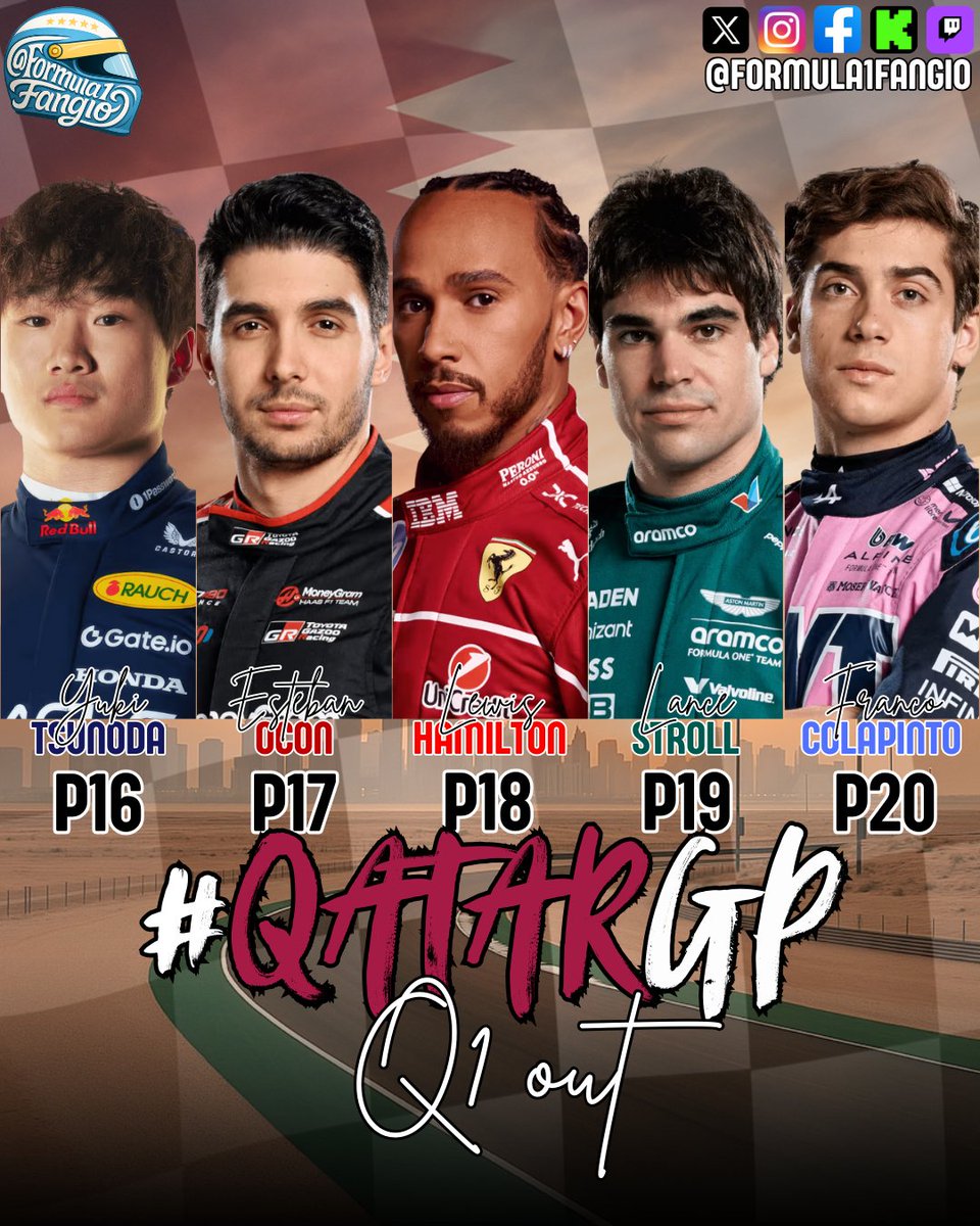 Formula1Fangio's tweet image. Los primeros en quedar fuera son:

P20 – #Colapinto #Alpine
P19 – #Stroll #AstonMartin
P18 – #Hamilton #Ferrari
P17 – #Ocon #HAAS
P16 – #Tsunoda #RedBull

⏱️ FASTEST: #Russell #Mercedes 1:20.074

#F1 #Q1 #QatarGP
