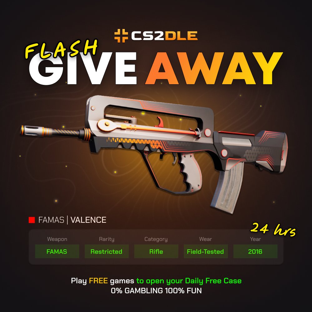 cs2dle's tweet image. 🎁 Famas | Valence Giveaway

Quick one - winner picked in 24hrs:
✅ Follow, Like and Retweet
💛 Reply with your cs2dle username

Expect multiple smaller giveaways every week from now on 😉