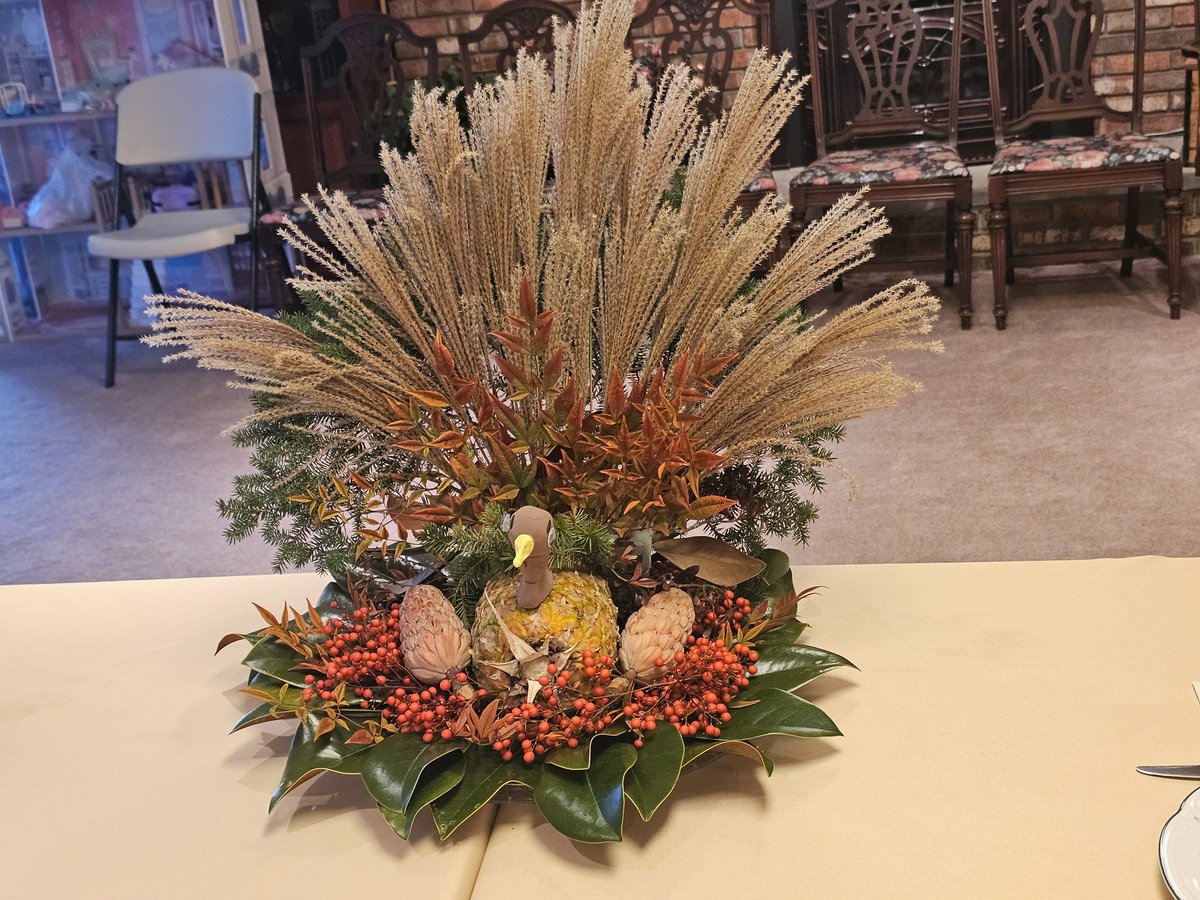 JoshDerby's tweet photo. It is time for the belated flight of Nathaniel the Pineapple Turkey! This year we were traveling on Thanksgiving, so I made Nathaniel today for dinner at my in-law's. Once again, he's composed of clippings from the plants in our yard. https://t.co/vszcvBXjSR