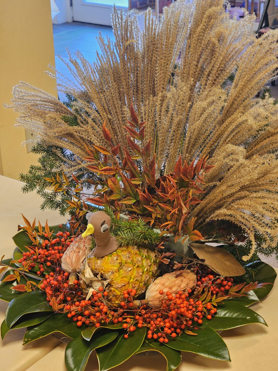 JoshDerby's tweet photo. It is time for the belated flight of Nathaniel the Pineapple Turkey! This year we were traveling on Thanksgiving, so I made Nathaniel today for dinner at my in-law's. Once again, he's composed of clippings from the plants in our yard. https://t.co/vszcvBXjSR
