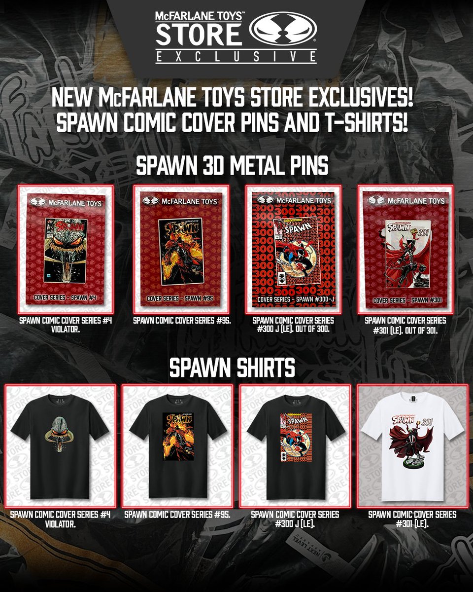 mcfarlanetoys's tweet photo. NEW Spawn Comic T-Shirts and 3D Metal Collector Pins now available at McFarlane Toys Store! 
Todd McFarlane's iconic Spawn # 4 Violator; Spawn 95; Record Breaking Spawn #300 and #301; and More!

➡️https://t.co/GxCSa684ph

#McFarlaneToys #McFarlaneToysStore #Spawn @Todd_McFarlane #Spawnsuniverse #comics #ToddMcFarlane #ImageComics @ImageComics