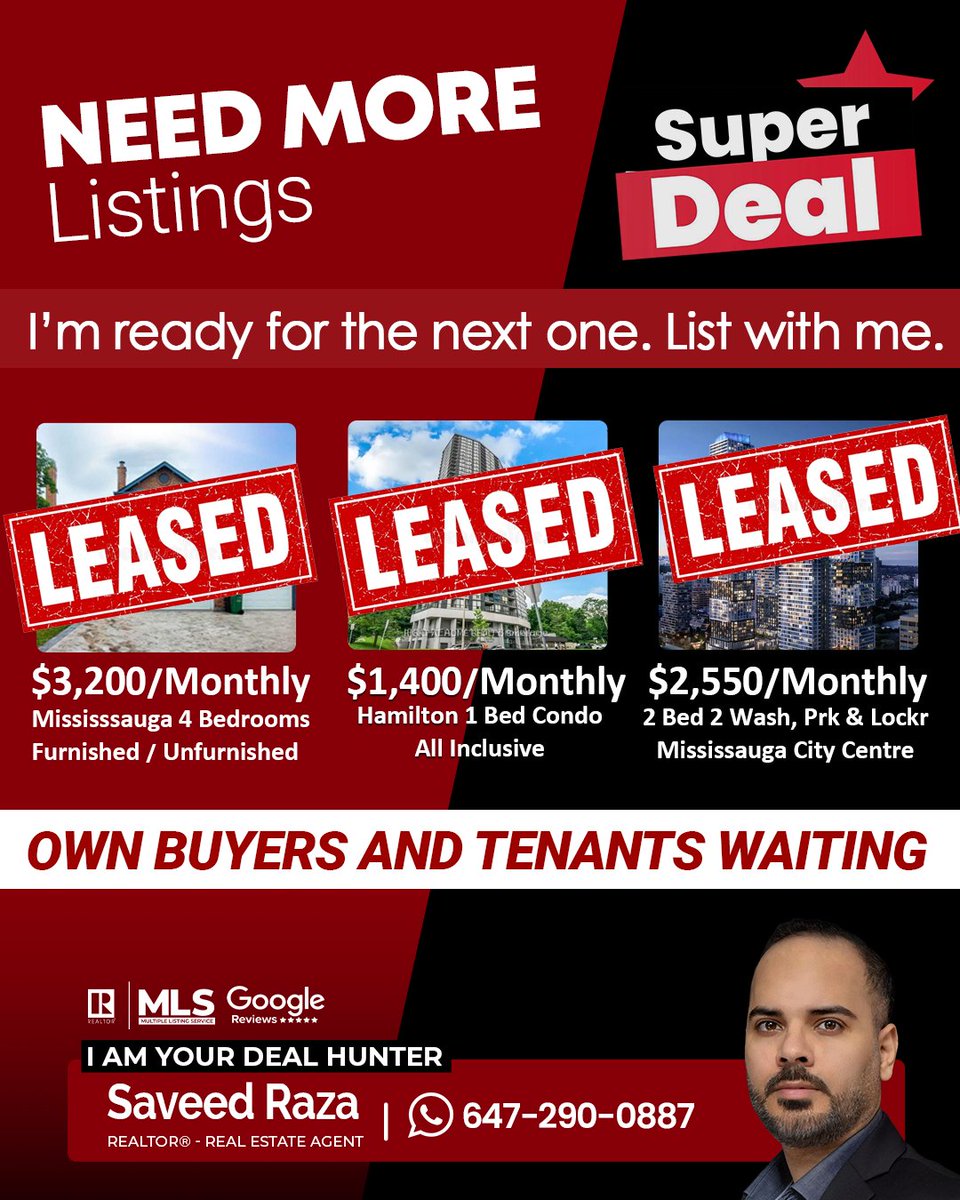 saveed's tweet image. Just leased multiple properties back-to-back! ✅
I have qualified buyers and tenants waiting.
If you're thinking of renting or selling your unit, I’m ready for the next one.

SAVEED RAZA
Realtor® - Real Estate Agent
Right at Home Realty, Brokerage
📲 647-290-0887