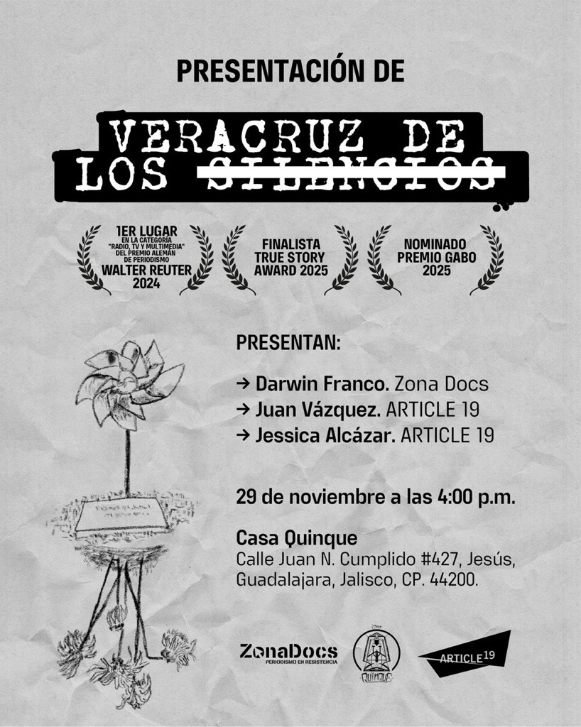 article19mxca's tweet image. 📢 ¡Te esperamos!

Te invitamos a la presentación de &quot;Veracruz de los silencios&quot;, una investigación que se adentra en el periodo más letal para la prensa.

🗓️ Hoy a las 16:00 h en @casaquinque