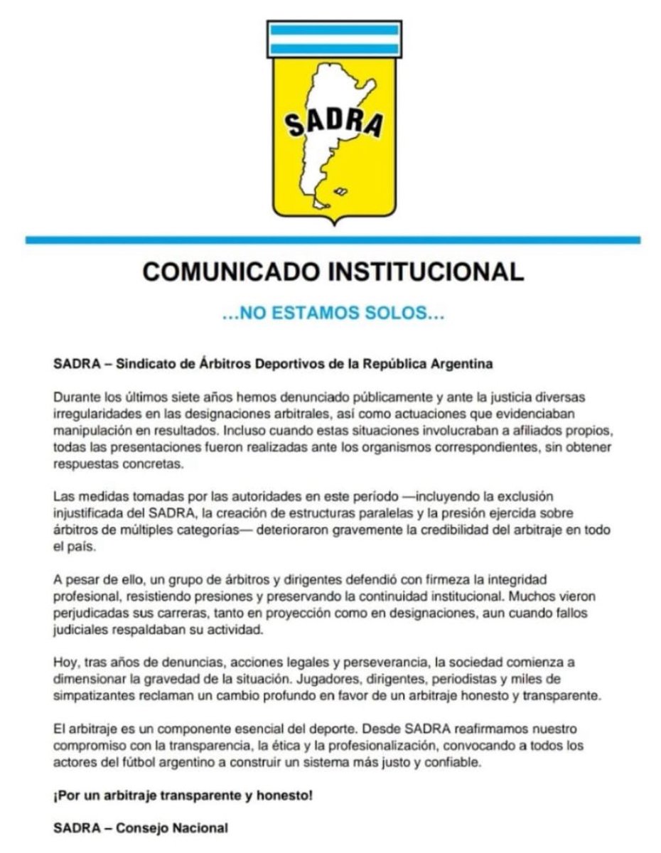 Tremendo comunicado del SADRA denunciando manipulación de resultados, presiones e irregularidades en las designaciones arbitrales. Fuertisimo y muy grave. Empieza a salir a flote toda la mierda que vemos hace años.