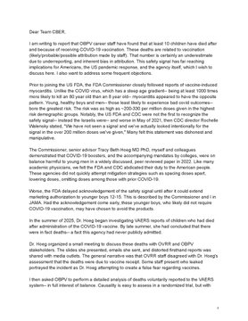 A scanned or screenshot page of a formal document or memo addressed to CBER Staff, featuring typed text in black on white background, likely from an internal FDA communication discussing VAERS reports of child deaths post-vaccination.
