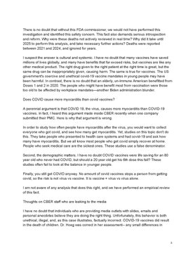 Third and final page of the document, continuing the discussion on FDA investigations, systemic issues, and media leaks, with text that appears fragmented or possibly OCR-imperfect.