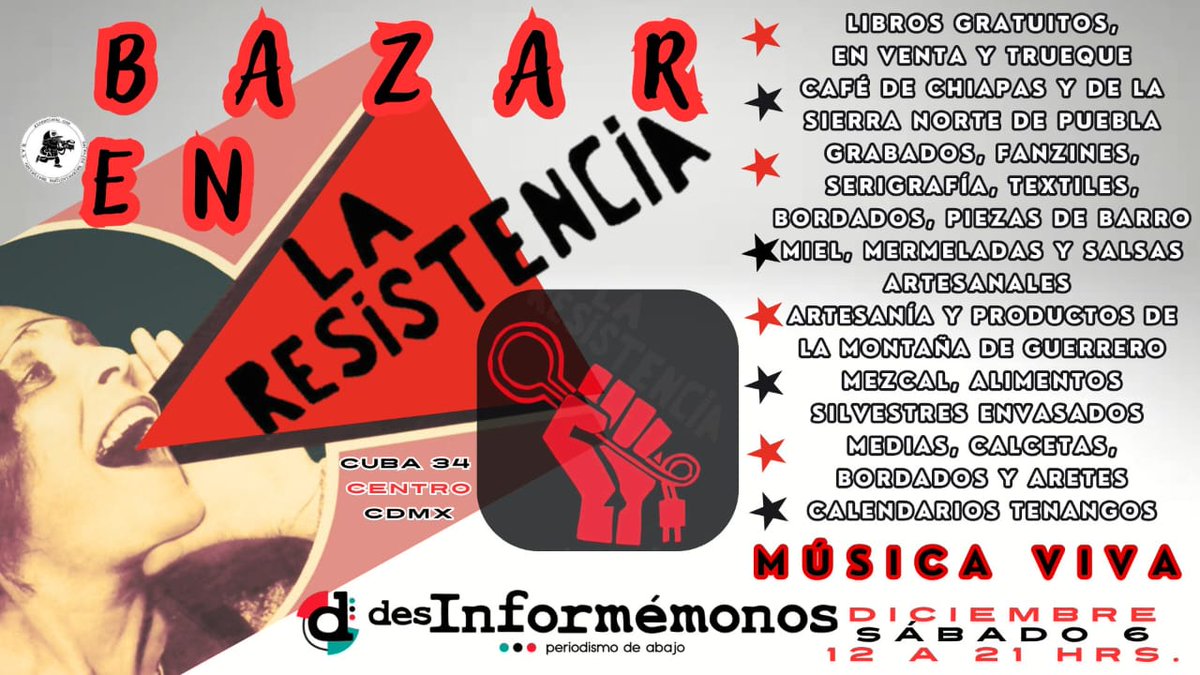 Desinformemonos's tweet image. #DesAgenda 📕| Bazar en la resistencia
⭐️Libros gratuitos
⭐️Productos de la montaña de Guerrero
⭐️Café de Chiapas
¡Y mucho más!
Sábado 6 de diciembre en Cuba 34
buff.ly/TVgDmVh