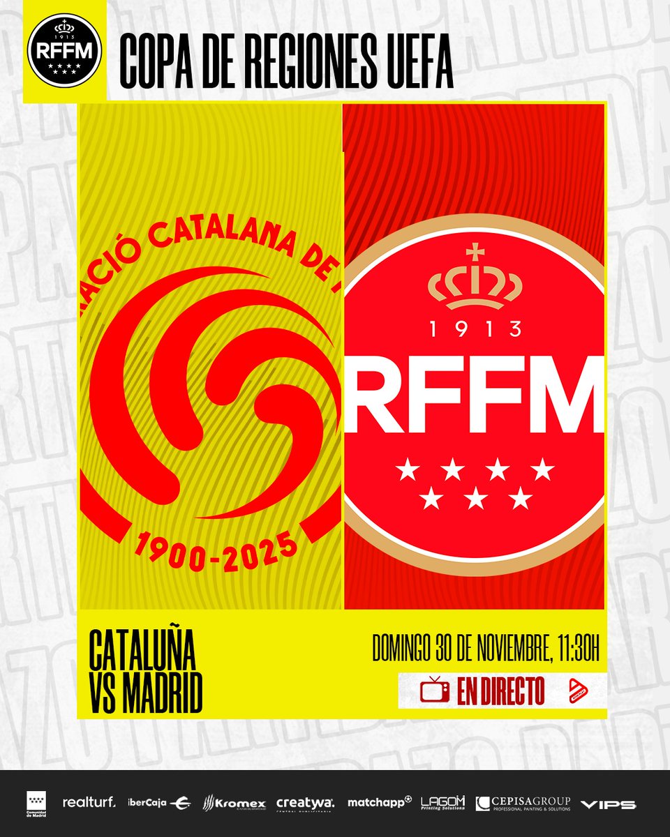 RFFM_oficial's tweet image. 🏆 COPA DE LAS REGIONES EN 📺 RFFM PLAY ▶️ 

Mañana a las 1️⃣1️⃣:3️⃣0️⃣h podrás disfrutar EN DIRECTO del segundo partido de la selección 'Siete Estrellas' de Aficionados en la #RegionsCup frente al combinado de @FCF_CAT.

🔗 rffmplay.es

#VamosMadrid | #CopaRegionesUEFA