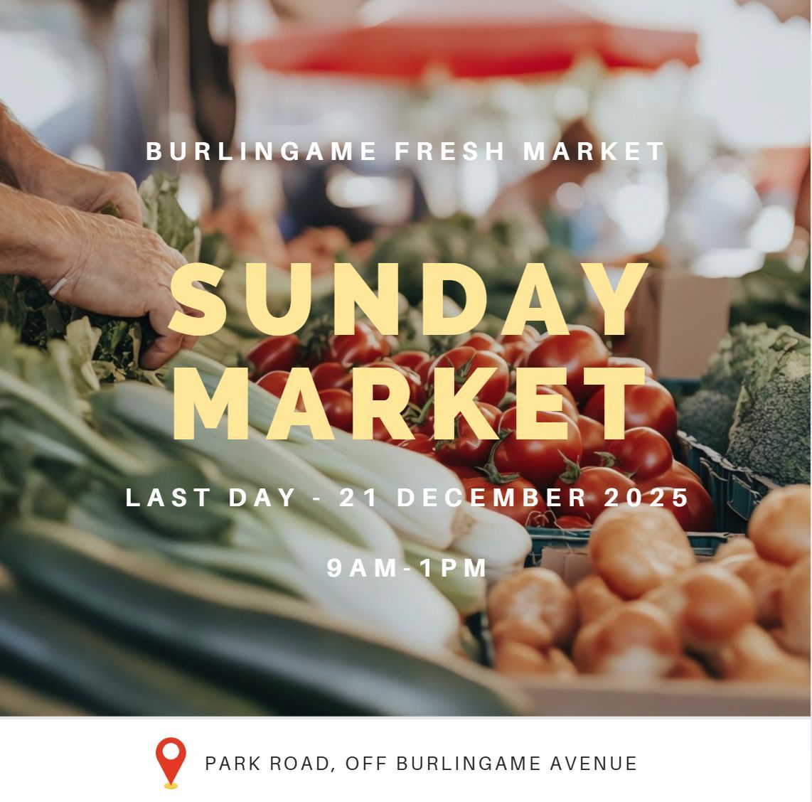 The holiday season is here, and so is the final stretch of our Sunday Market! 🎄✨
Only a few Sundays left to grab fresh produce and seasonal treats.

🗓 Final Fresh Market: Dec 21, 9AM–1PM
📍 Park Road (off Burlingame Ave)